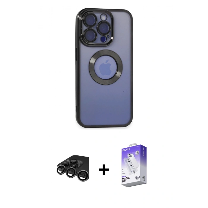 MARSİLYAN™- iPhone 15 Pro Max Kılıf Pusula Form - Siyah Bilvis 5in1 3D Magic Cam Ekran Koruyucu + Raze Metal Kamera Lens - TMGI