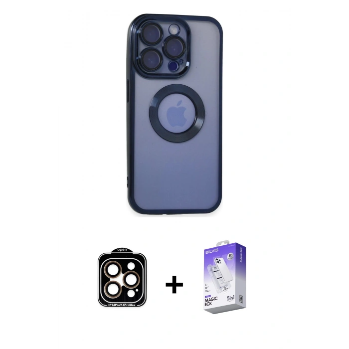 MARSİLYAN™- iPhone 15 Pro Max Kılıf Pusula Form - Siyah Bilvis 5in1 3D Magic Cam Ekran Koruyucu + PVD Metal Kamera Lens - TU