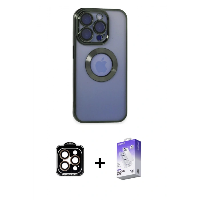 MARSİLYAN™- iPhone 15 Pro Max Kılıf Pusula Form - Siyah Bilvis 5in1 3D Magic Cam Ekran Koruyucu + PVD Metal Kamera Lens - TU