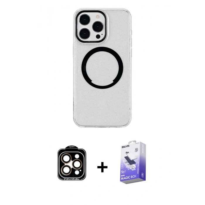 MARSİLYAN™- iPhone 15 Pro Max Kılıf Pusula Form - Siyah Bilvis 5in1 5D Magic Hayalet Cam Ekran Koruyucu + PVD Metal Kamera Lens - TU