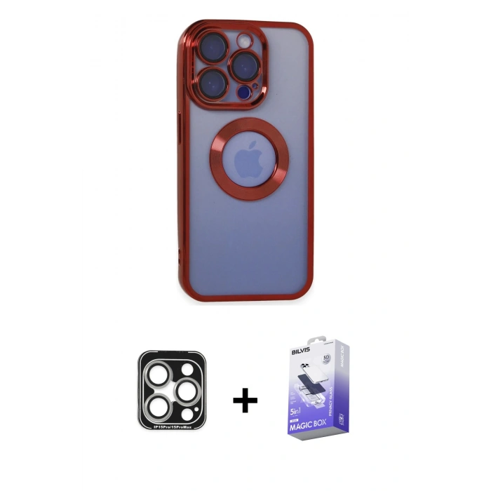 MARSİLYAN™- iPhone 15 Pro Max Kılıf Pusula Form - Siyah Bilvis 5in1 5D Magic Hayalet Cam Ekran Koruyucu + Gümüş PVD Metal Kamera Lens