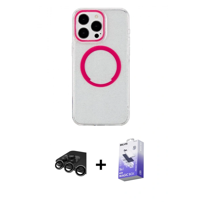 MARSİLYAN™- iPhone 15 Pro Max Kılıf Pusula Form - Siyah Bilvis 5in1 5D Magic Hayalet Cam Ekran Koruyucu + Raze Metal Kamera Lens - TMGI