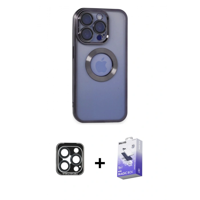 MARSİLYAN™- iPhone 15 Pro Max Kılıf Pusula Form - Siyah Bilvis 5in1 5D Magic Hayalet Cam Ekran Koruyucu + PVD Metal Kamera Lens - LT