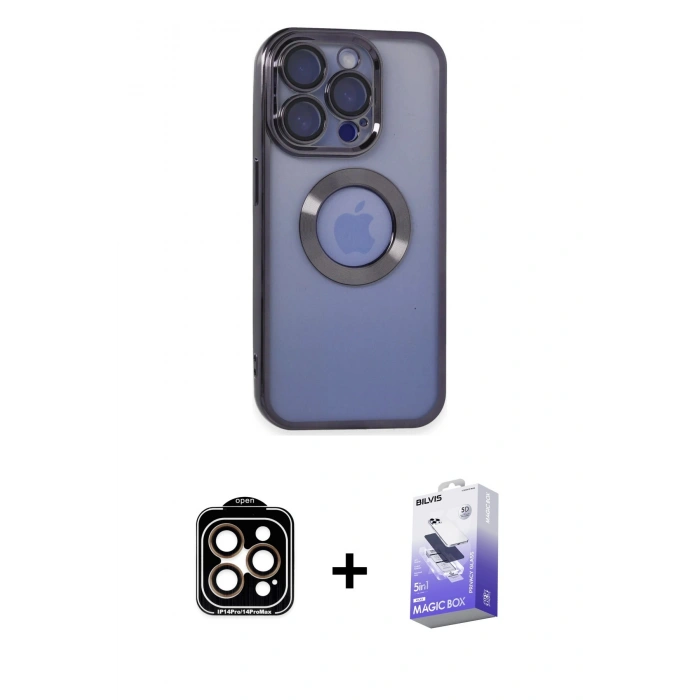 MARSİLYAN™- iPhone 15 Pro Max Kılıf Pusula Form - Siyah Bilvis 5in1 5D Magic Hayalet Cam Ekran Koruyucu + PVD Metal Kamera Lens - TU