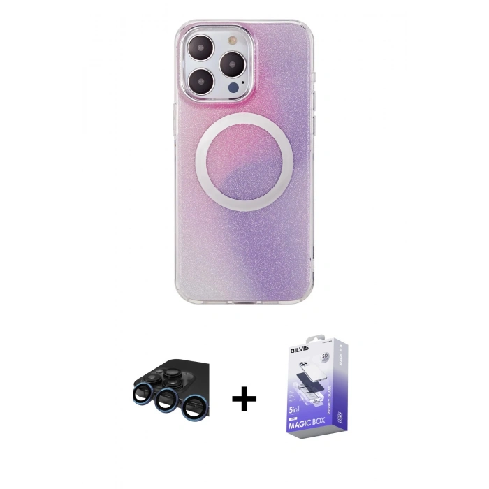 MARSİLYAN™- iPhone 15 Pro Max Kılıf Pusula Form - Siyah Bilvis 5in1 5D Magic Hayalet Cam Ekran Koruyucu + Raze Metal Kamera Lens - LT
