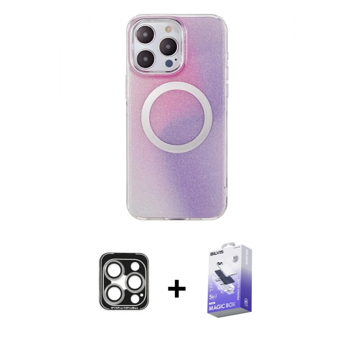 MARSİLYAN™- iPhone 15 Pro Max Kılıf Pusula Form - Siyah Bilvis 5in1 5D Magic Hayalet Cam Ekran Koruyucu + Gümüş PVD Metal Kamera Lens