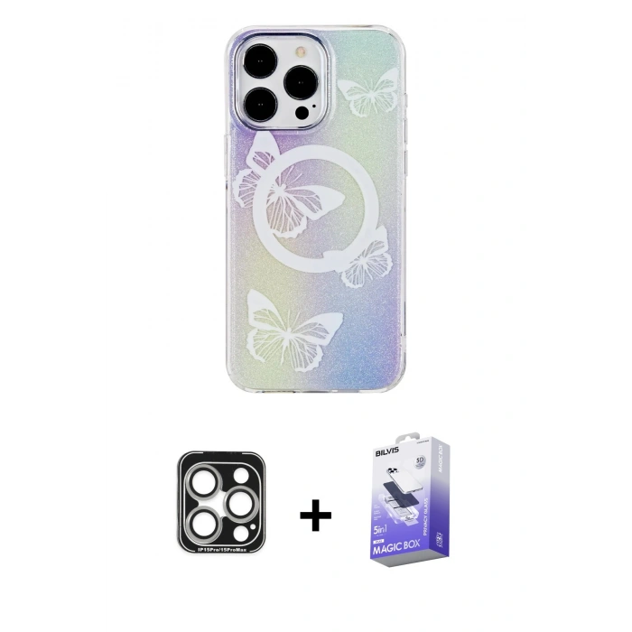 MARSİLYAN™- iPhone 15 Pro Max Kılıf Pusula Form - Siyah Bilvis 5in1 5D Magic Hayalet Cam Ekran Koruyucu + Gümüş PVD Metal Kamera Lens