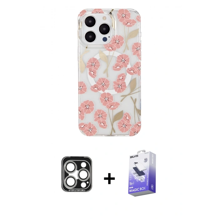 MARSİLYAN™- iPhone 15 Pro Max Kılıf Pusula Form - Siyah Bilvis 5in1 5D Magic Hayalet Cam Ekran Koruyucu + Gümüş PVD Metal Kamera Lens