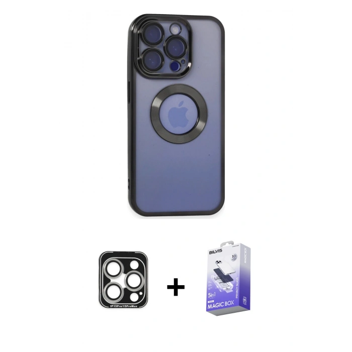 MARSİLYAN™- iPhone 15 Pro Max Kılıf Pusula Form - Siyah Bilvis 5in1 5D Magic Hayalet Cam Ekran Koruyucu + Gümüş PVD Metal Kamera Lens