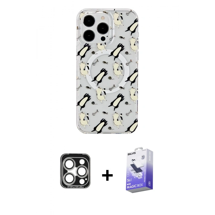 MARSİLYAN™- iPhone 15 Pro Max Kılıf Pusula Form - Siyah Bilvis 5in1 5D Magic Hayalet Cam Ekran Koruyucu + Gümüş PVD Metal Kamera Lens