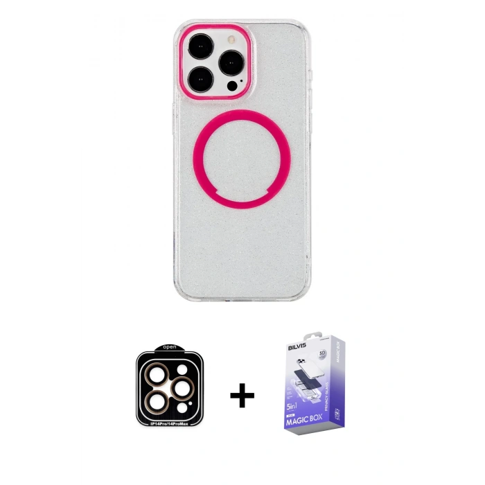 MARSİLYAN™- iPhone 15 Pro Max Kılıf Pusula Form - Siyah Bilvis 5in1 5D Magic Hayalet Cam Ekran Koruyucu + PVD Metal Kamera Lens - TU