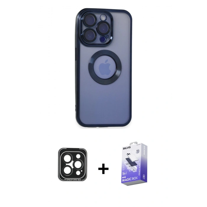 MARSİLYAN™- iPhone 15 Pro Max Kılıf Pusula Form - Siyah Bilvis 5in1 5D Magic Hayalet Cam Ekran Koruyucu + PVD Metal Kamera Lens - SH