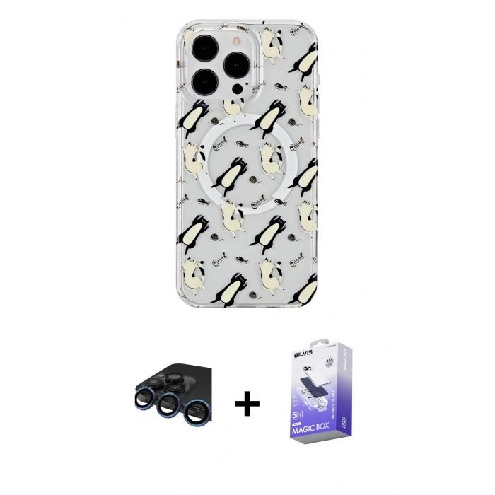 MARSİLYAN™- iPhone 15 Pro Max Kılıf Pusula Form - Siyah Bilvis 5in1 5D Magic Hayalet Cam Ekran Koruyucu + Raze Metal Kamera Lens - LT