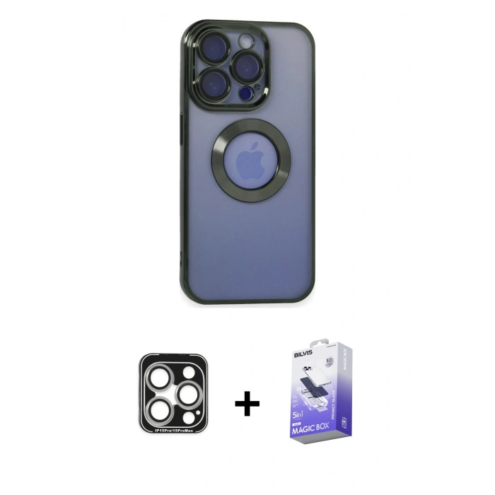 MARSİLYAN™- iPhone 15 Pro Max Kılıf Pusula Form - Siyah Bilvis 5in1 5D Magic Hayalet Cam Ekran Koruyucu + Gümüş PVD Metal Kamera Lens