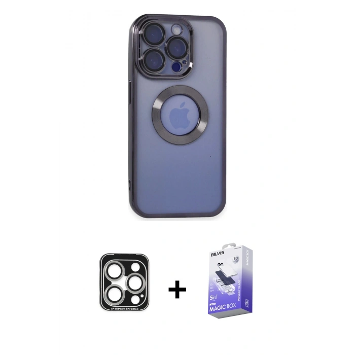 MARSİLYAN™- iPhone 15 Pro Max Kılıf Pusula Form - Siyah Bilvis 5in1 5D Magic Hayalet Cam Ekran Koruyucu + Gümüş PVD Metal Kamera Lens