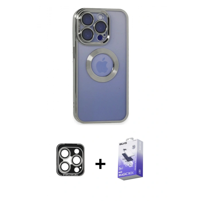 MARSİLYAN™- iPhone 15 Pro Max Kılıf Pusula Form - Siyah Bilvis 5in1 5D Magic Hayalet Cam Ekran Koruyucu + Gümüş PVD Metal Kamera Lens