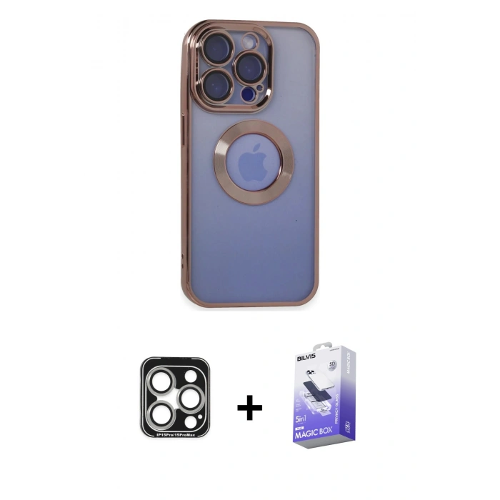 MARSİLYAN™- iPhone 15 Pro Max Kılıf Pusula Form - Siyah Bilvis 5in1 5D Magic Hayalet Cam Ekran Koruyucu + Gümüş PVD Metal Kamera Lens