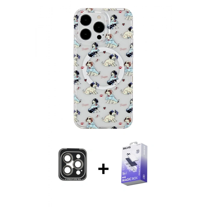 MARSİLYAN™- iPhone 15 Pro Max Kılıf Pusula Form - Siyah Bilvis 5in1 5D Magic Hayalet Cam Ekran Koruyucu + PVD Metal Kamera Lens - GI