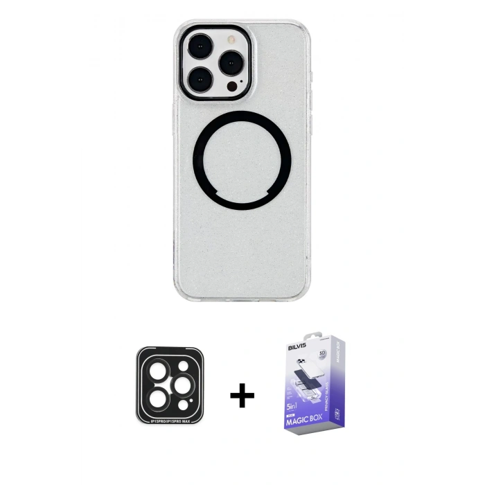 MARSİLYAN™- iPhone 15 Pro Max Kılıf Pusula Form - Siyah Bilvis 5in1 5D Magic Hayalet Cam Ekran Koruyucu + PVD Metal Kamera Lens - SH