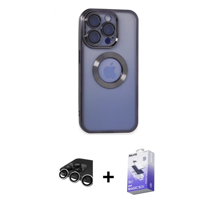 MARSİLYAN™- iPhone 15 Pro Max Kılıf Pusula Form - Siyah Bilvis 5in1 5D Magic Hayalet Cam Ekran Koruyucu + Raze Metal Kamera Lens - GS