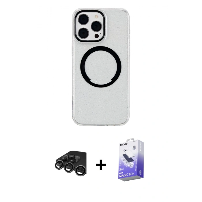 MARSİLYAN™- iPhone 15 Pro Max Kılıf Pusula Form - Siyah Bilvis 5in1 5D Magic Hayalet Cam Ekran Koruyucu + Raze Metal Kamera Lens - TMGI