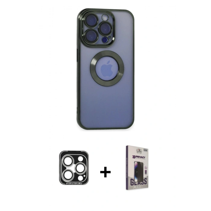 MARSİLYAN™- iPhone 15 Pro Max Kılıf Pusula Form - Siyah Bilvis Hayalet Cam Ekran Koruyucu + Gümüş PVD Metal Kamera Lens