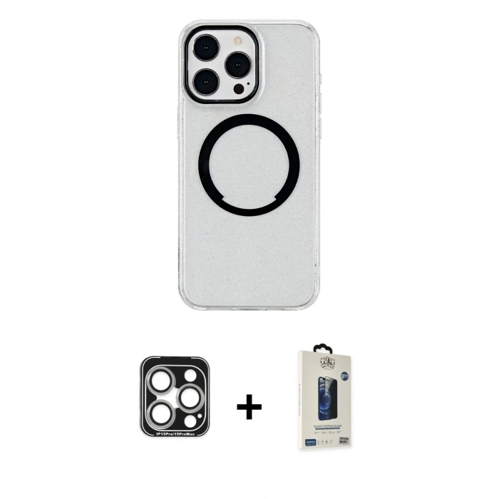 MARSİLYAN™- iPhone 15 Pro Max Kılıf Pusula Form - Siyah Bilvis Hayalet Cam Ekran Koruyucu + PVD Metal Kamera Lens - GS