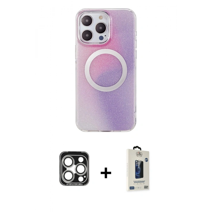 MARSİLYAN™- iPhone 15 Pro Max Kılıf Pusula Form - Siyah Bilvis Hayalet Cam Ekran Koruyucu + PVD Metal Kamera Lens - GS