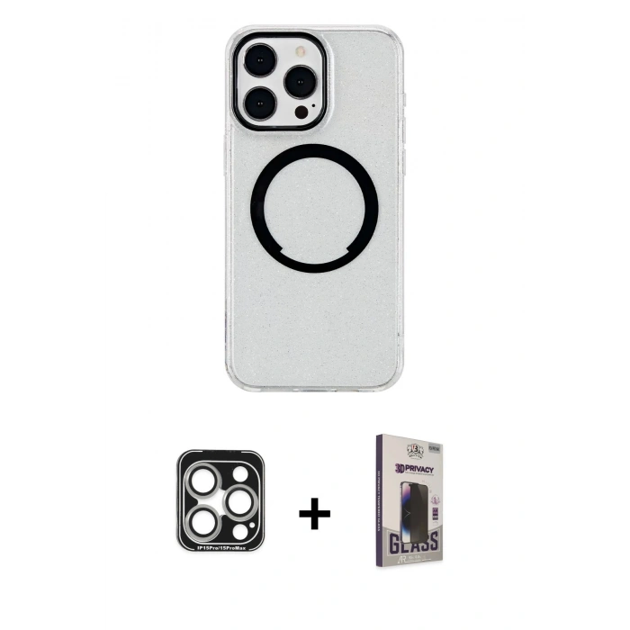 MARSİLYAN™- iPhone 15 Pro Max Kılıf Pusula Form - Siyah Bilvis Hayalet Cam Ekran Koruyucu + PVD Metal Kamera Lens - GS