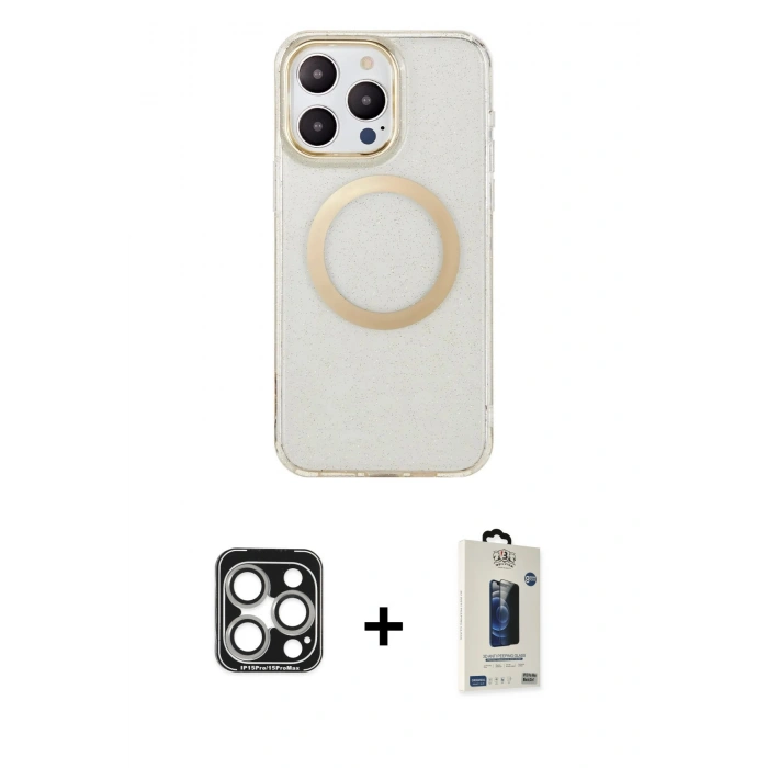 MARSİLYAN™- iPhone 15 Pro Max Kılıf Pusula Form - Siyah Bilvis Hayalet Cam Ekran Koruyucu + PVD Metal Kamera Lens - GS