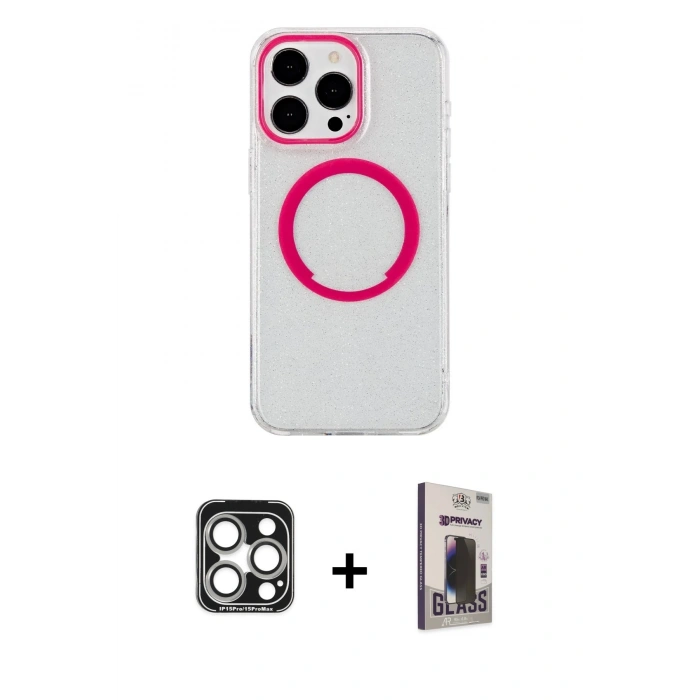 MARSİLYAN™- iPhone 15 Pro Max Kılıf Pusula Form - Siyah Bilvis Hayalet Cam Ekran Koruyucu + PVD Metal Kamera Lens - GS