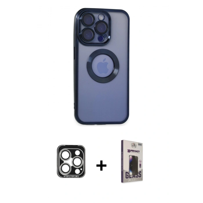 MARSİLYAN™- iPhone 15 Pro Max Kılıf Pusula Form - Siyah Bilvis Hayalet Cam Ekran Koruyucu + Gümüş PVD Metal Kamera Lens