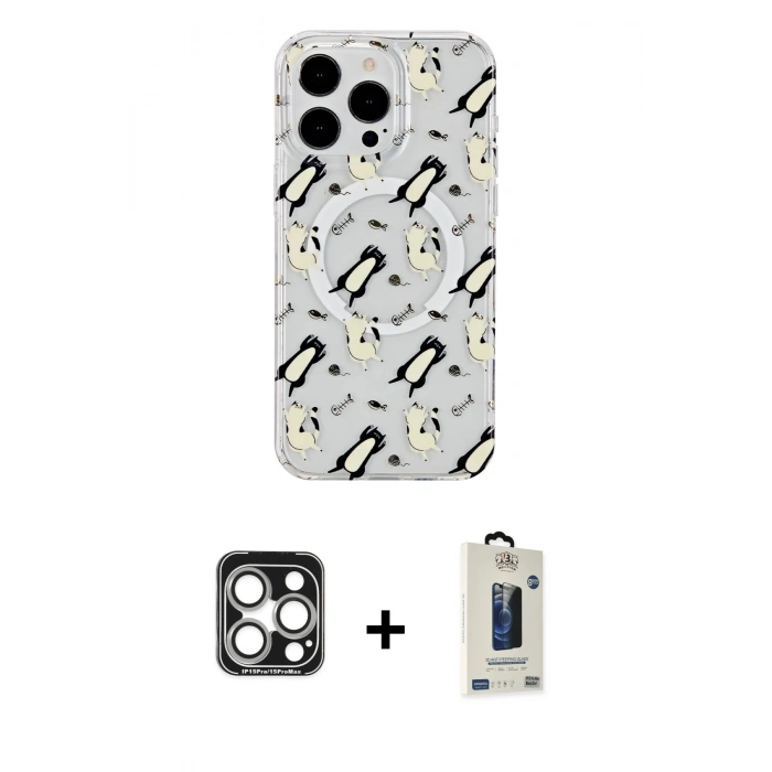 MARSİLYAN™- iPhone 15 Pro Max Kılıf Pusula Form - Siyah Bilvis Hayalet Cam Ekran Koruyucu + PVD Metal Kamera Lens - GS