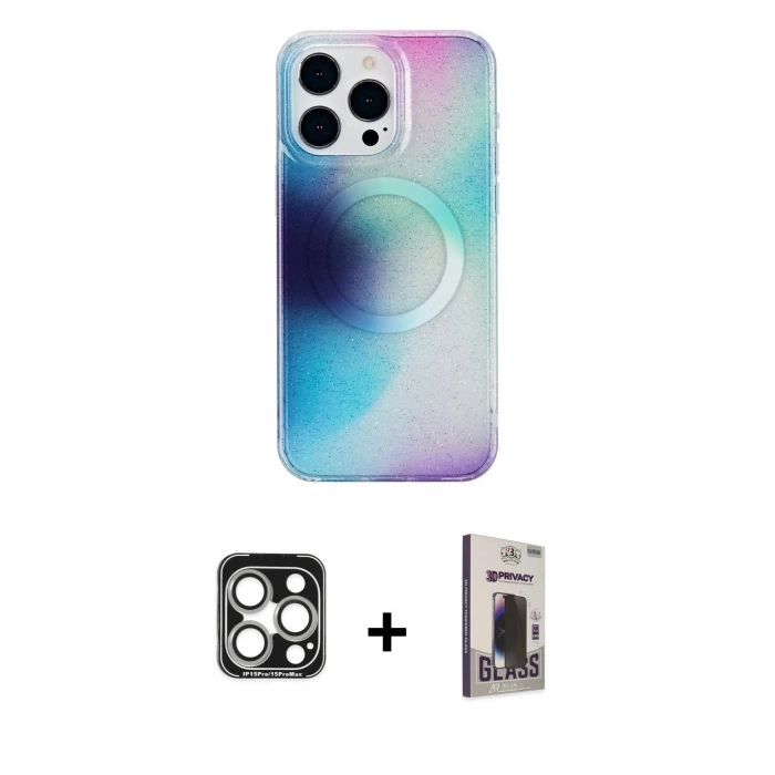 MARSİLYAN™- iPhone 15 Pro Max Kılıf Pusula Form - Siyah Bilvis Hayalet Cam Ekran Koruyucu + PVD Metal Kamera Lens - GS