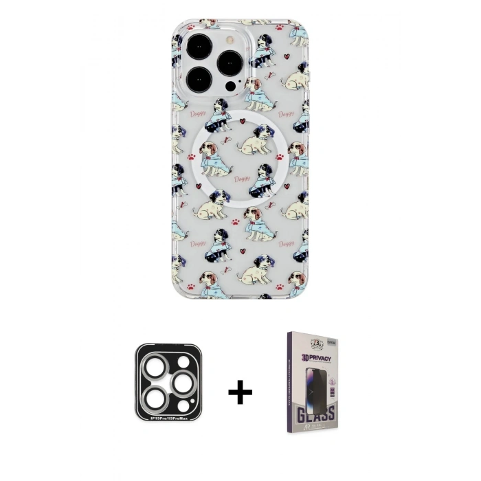 MARSİLYAN™- iPhone 15 Pro Max Kılıf Pusula Form - Siyah Bilvis Hayalet Cam Ekran Koruyucu + PVD Metal Kamera Lens - GS