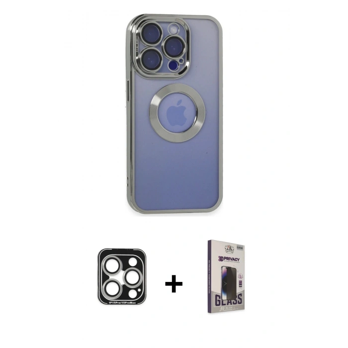 MARSİLYAN™- iPhone 15 Pro Max Kılıf Pusula Form - Siyah Bilvis Hayalet Cam Ekran Koruyucu + Gümüş PVD Metal Kamera Lens