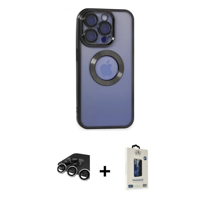 MARSİLYAN™- iPhone 15 Pro Max Kılıf Pusula Form - Siyah Bilvis Hayalet Cam Ekran Koruyucu + Raze Metal Kamera Lens - GS