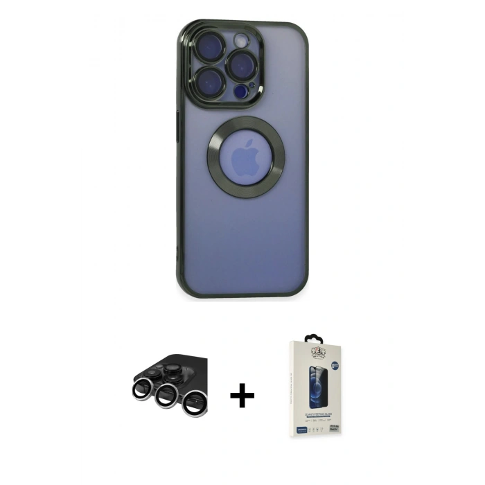MARSİLYAN™- iPhone 15 Pro Max Kılıf Pusula Form - Siyah Bilvis Hayalet Cam Ekran Koruyucu + Raze Metal Kamera Lens - GS