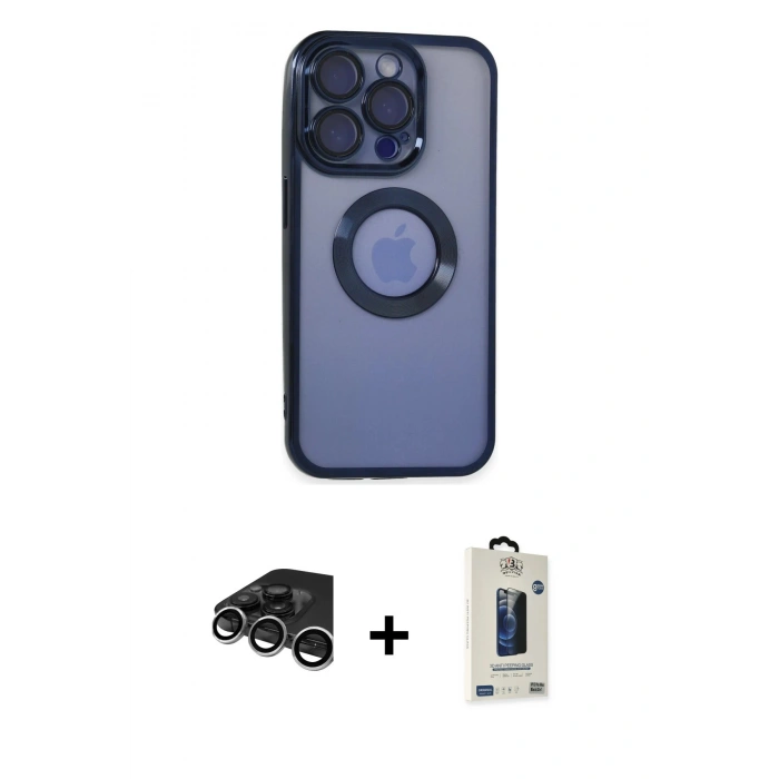 MARSİLYAN™- iPhone 15 Pro Max Kılıf Pusula Form - Siyah Bilvis Hayalet Cam Ekran Koruyucu + Raze Metal Kamera Lens - GS