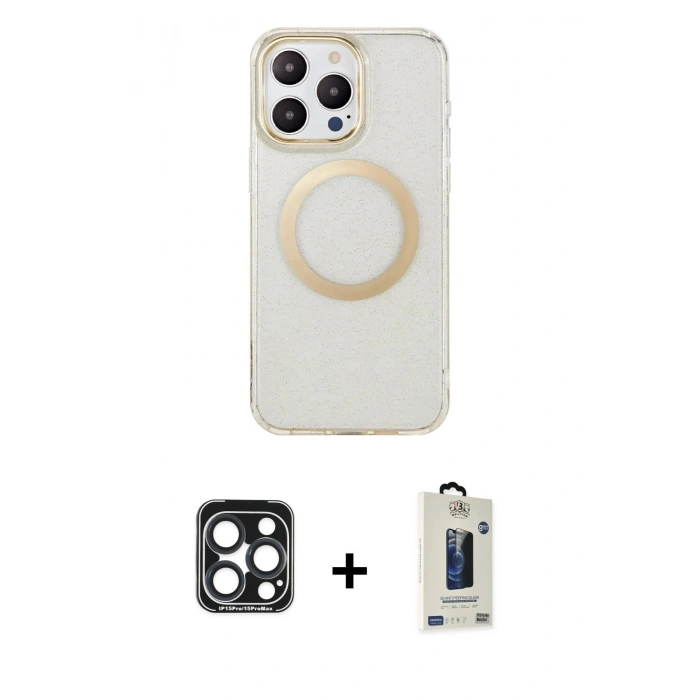 MARSİLYAN™- iPhone 15 Pro Max Kılıf Pusula Form - Siyah Bilvis Hayalet Cam Ekran Koruyucu + PVD Metal Kamera Lens - LT