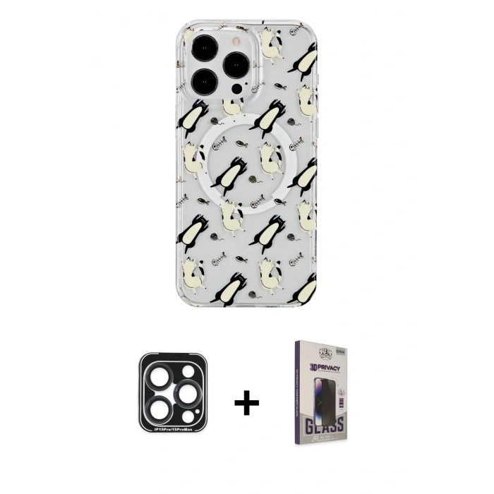 MARSİLYAN™- iPhone 15 Pro Max Kılıf Pusula Form - Siyah Bilvis Hayalet Cam Ekran Koruyucu + PVD Metal Kamera Lens - LT