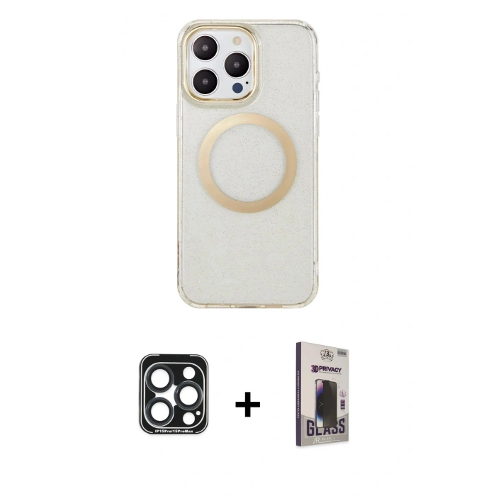 MARSİLYAN™- iPhone 15 Pro Max Kılıf Pusula Form - Siyah Bilvis Hayalet Cam Ekran Koruyucu + PVD Metal Kamera Lens - LT