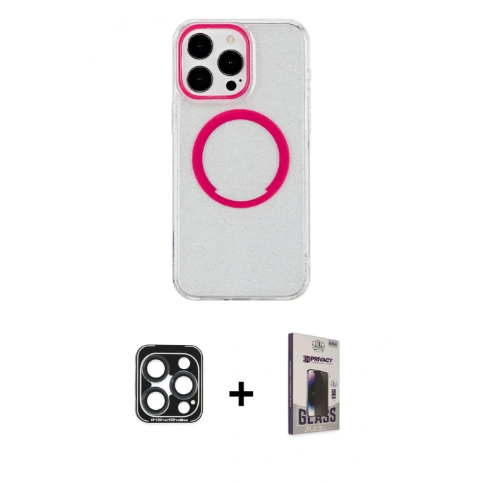 MARSİLYAN™- iPhone 15 Pro Max Kılıf Pusula Form - Siyah Bilvis Hayalet Cam Ekran Koruyucu + PVD Metal Kamera Lens - LT