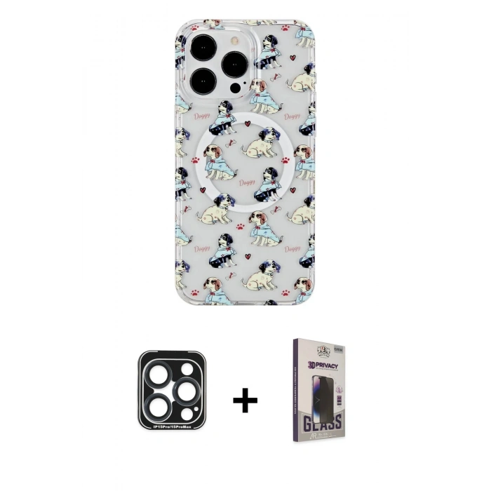 MARSİLYAN™- iPhone 15 Pro Max Kılıf Pusula Form - Siyah Bilvis Hayalet Cam Ekran Koruyucu + PVD Metal Kamera Lens - LT