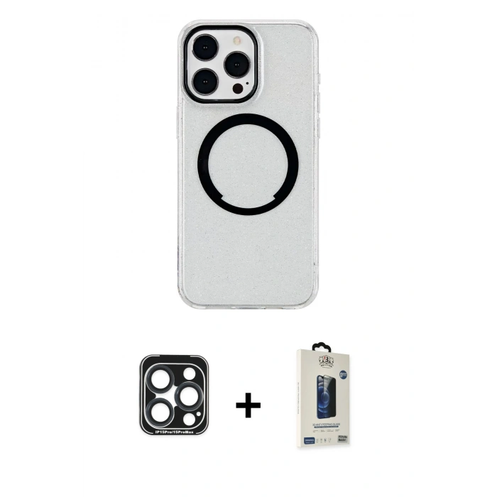MARSİLYAN™- iPhone 15 Pro Max Kılıf Pusula Form - Siyah Bilvis Hayalet Cam Ekran Koruyucu + PVD Metal Kamera Lens - LT