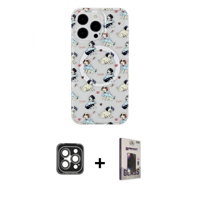 MARSİLYAN™- iPhone 15 Pro Max Kılıf Pusula Form - Siyah Bilvis Hayalet Cam Ekran Koruyucu + PVD Metal Kamera Lens - GI