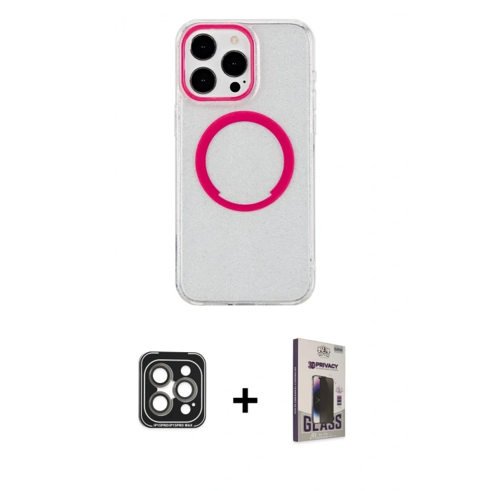 MARSİLYAN™- iPhone 15 Pro Max Kılıf Pusula Form - Siyah Bilvis Hayalet Cam Ekran Koruyucu + PVD Metal Kamera Lens - GI