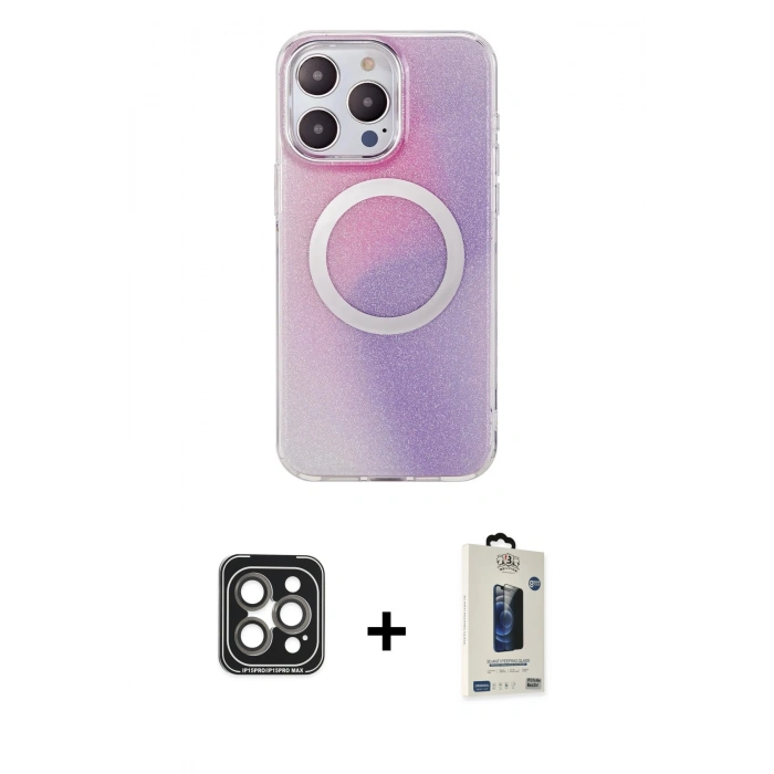 MARSİLYAN™- iPhone 15 Pro Max Kılıf Pusula Form - Siyah Bilvis Hayalet Cam Ekran Koruyucu + PVD Metal Kamera Lens - GI