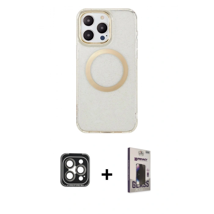 MARSİLYAN™- iPhone 15 Pro Max Kılıf Pusula Form - Siyah Bilvis Hayalet Cam Ekran Koruyucu + PVD Metal Kamera Lens - GI
