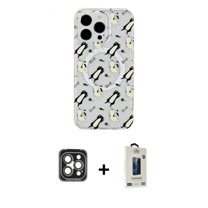 MARSİLYAN™- iPhone 15 Pro Max Kılıf Pusula Form - Siyah Bilvis Hayalet Cam Ekran Koruyucu + PVD Metal Kamera Lens - GI